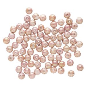 Bead, Czech glass, opaque pink and white travertine, 6mm round. Sold per pkg of 100.