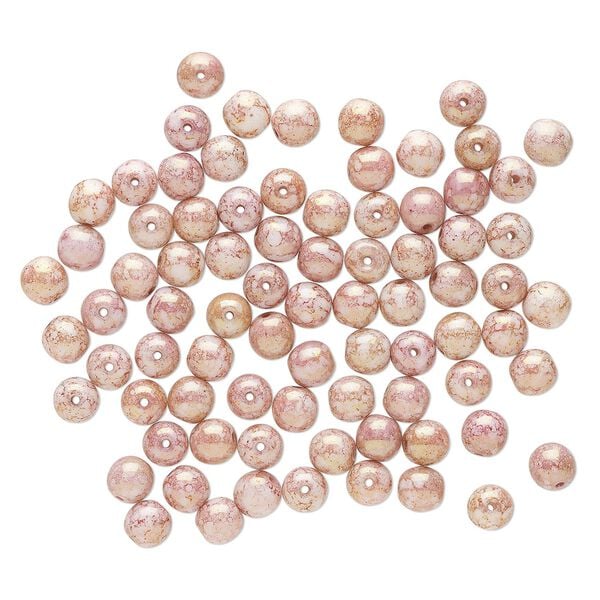 Bead, Czech glass, opaque pink and white travertine, 6mm round. Sold per pkg of 100. image number 0
