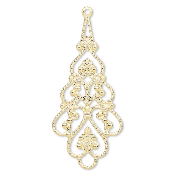 Focal, gold-plated brass, 38x18mm filigree teardrop. Sold per pkg of 10. image number 0