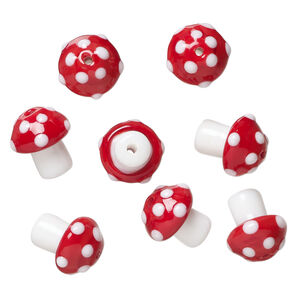 Bead 1pkg8, lampworked glass, opaque white and red, 13x12mm-15x14mm mushroom with spots.