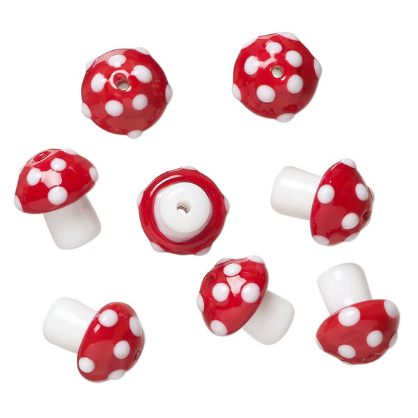 Bead 1pkg8, lampworked glass, opaque white and red, 13x12mm-15x14mm mushroom with spots. image number 0
