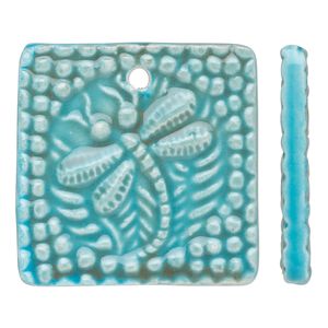 Focal, porcelain, turquoise blue and brown, 40x40mm double-sided top-drilled textured flat square with dragonfly design. Sold individually.