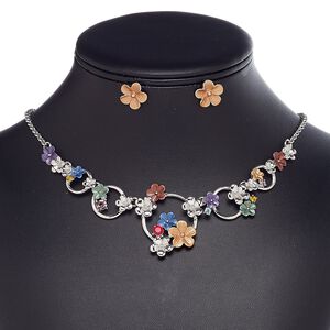 Necklace and earring set, enamel / glass rhinestone / imitation rhodium-finished steel / brass / "pewter" (zinc-based alloy), multicolored, flower, 18-inch necklace with 2-inch extender chain and lobster claw clasp, 14mm earrings with post. Sold per set.