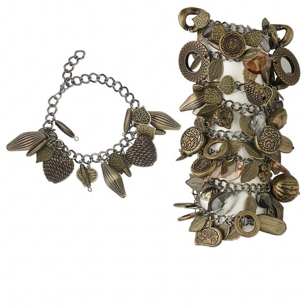 Bracelet mix, acrylic with gunmetal- and antique brass-plated steel, brass and black, mixed shape, 7 inches with 2-1/2 inch extender chain and lobster claw clasp. Sold per pkg of 8. image number 0