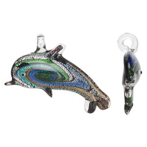 Pendant, lampworked glass, multicolored with silver-colored foil and gold-colored glitter, 58x30mm-68x36mm dolphin with swirl pattern. Sold individually.