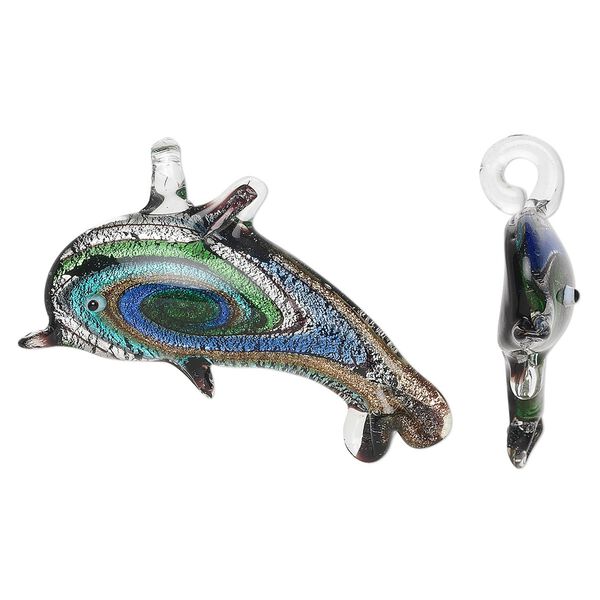 Pendant, lampworked glass, multicolored with silver-colored foil and gold-colored glitter, 58x30mm-68x36mm dolphin with swirl pattern. Sold individually. image number 0