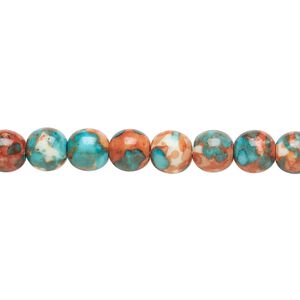 Bead, resin and painted ceramic, orange / blue / white, 6mm round. Sold per 15-1/2" to 16" strand.