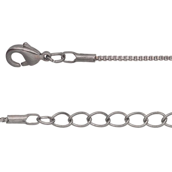 Chain, gunmetal-plated brass, 1mm Venetian box, 24 inches with 1-inch extender chain and lobster claw clasp. Sold per pkg of 2. image number 0