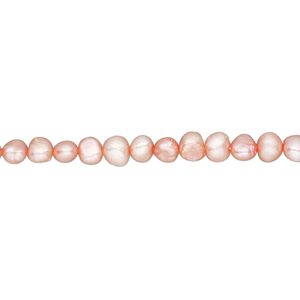 Pearl, cultured freshwater pearl (dyed), salmon, 3-4mm flat-sided potato, D grade, Mohs hardness 2-1/2 to 4. Sold per 15-inch strand, approximately 105 beads.