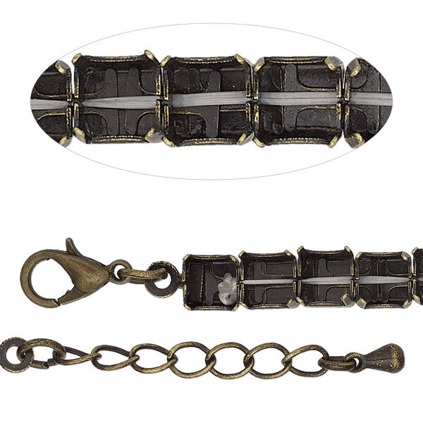 Bracelet component, antique brass-finished brass and steel, 6mm wide cupchain with (30) SS29 rivoli settings, 8 inches with 1-inch extender chain and lobster claw clasp. Sold individually. image number 0