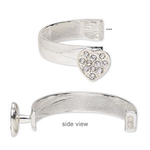 Bracelet component 1pkg1, glass rhinestone and silver-finished "pewter" (zinc-based alloy), clear, 10.5mm wide with 16x16mm heart, 42x26mm inside diameter with 5.5x2mm glue-in end.