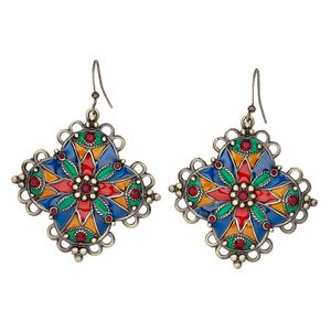 Earring, epoxy with antique gold-plated aluminum and pewter (tin-based alloy), multicolored, 2 inches with filigree diamond and fishhook ear wire. Sold per pair.