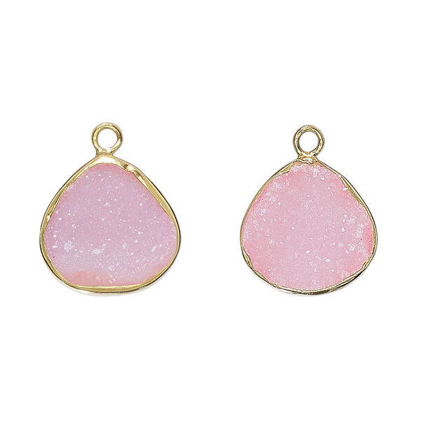 Drop, druzy agate (dyed) and gold-finished sterling silver, pink, 15x15mm single-sided teardrop. Sold per pkg of 2. image number 0