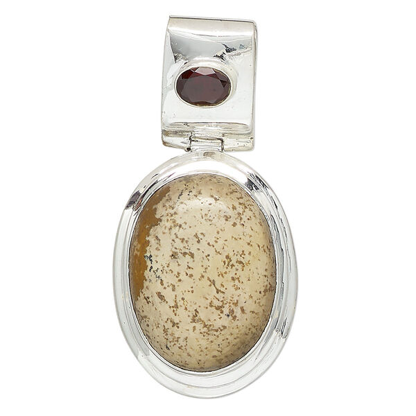 Pendant, picture jasper (natural) / garnet (natural) / sterling silver, 49x24mm oval. Sold individually. image number 0