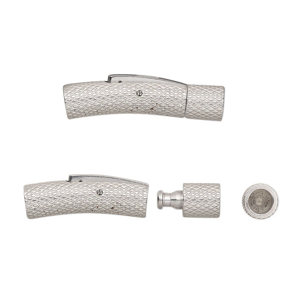 Clasp, bullet, stainless steel, 28.5x6mm knurled curved round tube with push button and glue-in ends, 4mm inside diameter. Sold individually. image number 0