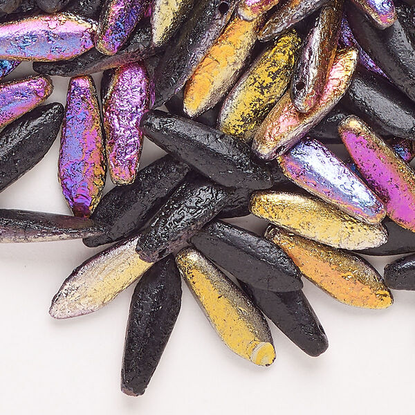 Bead 1pkg100 glass 16x3mm-16x5mm top-drilled dagger, half-coated violet iris opaque black image number 0