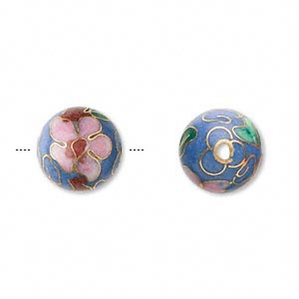 Bead, cloisonn&eacute;, enamel and gold-finished copper, multicolored, 12mm round with flower design. Sold per pkg of 10. image number 0