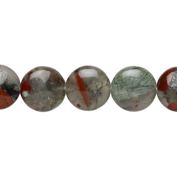 Bead, African bloodstone (natural), 12mm puffed flat round, B grade, Mohs hardness 6-1/2 to 7. Sold per 8-inch strand, approximately 15 beads. image number 0
