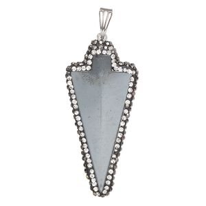 Hemalyke™ / brass / glass rhinestone 1pkg1, silver-finished 1-sided arrowhead pendant 44x21mm