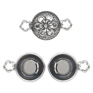 Clasp magnetic 1pkg1 sterling silver, 14mm puffed flat double-sided round, antiqued 1-strand