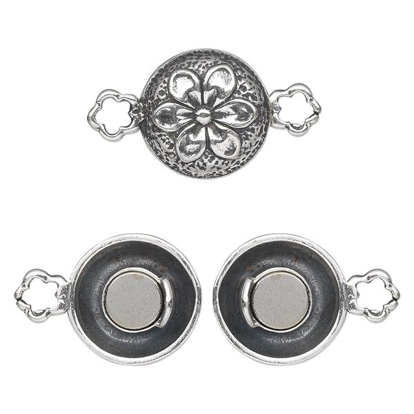 Clasp magnetic 1pkg1 sterling silver, 14mm puffed flat double-sided round, antiqued 1-strand image number 0