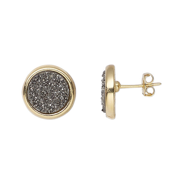 Earstud, druzy agate (coated) / electroplated gold / 24Kt gold-plated brass, silver, 13mm round with post. Sold per pair. image number 0