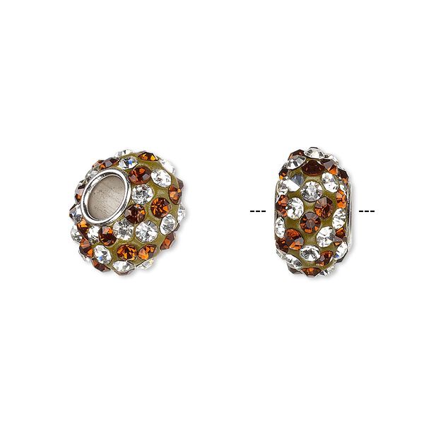 Bead, Dione®, Czech glass rhinestone / epoxy / imitation rhodium-plated brass grommet, root beer and clear, 13x8mm-14x8mm rondelle with spiral design, 4.5mm hole. Sold individually. image number 0