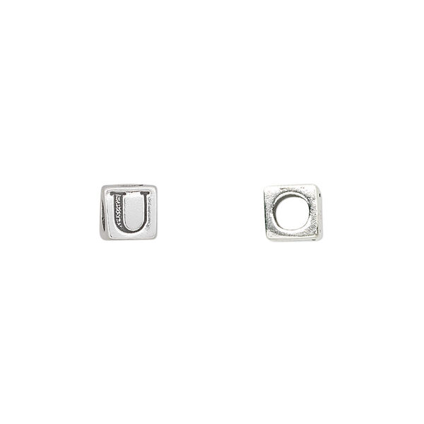 Bead, sterling silver, 5.5mm cube with alphabet letter "U." Sold individually. image number 0