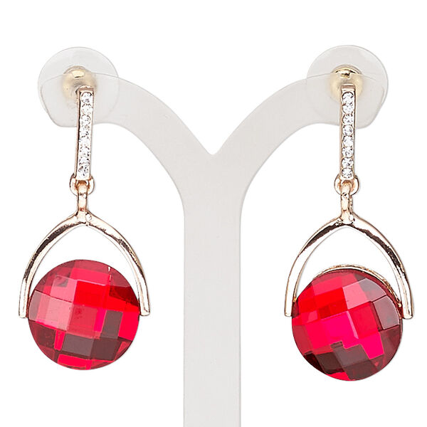 Earring, glass / Czech glass rhinestone / stainless steel / rose gold-finished "pewter" (zinc-based alloy), red and clear, 40mm with round and post. Sold per pair. image number 0