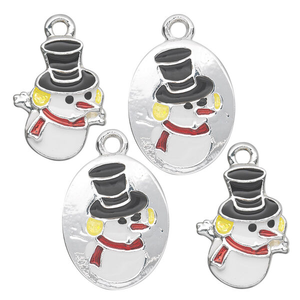 Charm, silver-finished "pewter" (zinc-based alloy) and enamel, multicolored, (2) 20x16mm single-sided flat ovals with snowmen and (2) 18x14mm single-sided snowmen with glitter. Sold per pkg of 4. image number 0