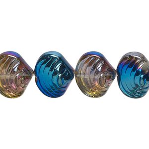Bead, glass, translucent half-coated metallic blue and vitrail, 14x12mm clamshell. Sold per 15-1/2" to 16" strand.