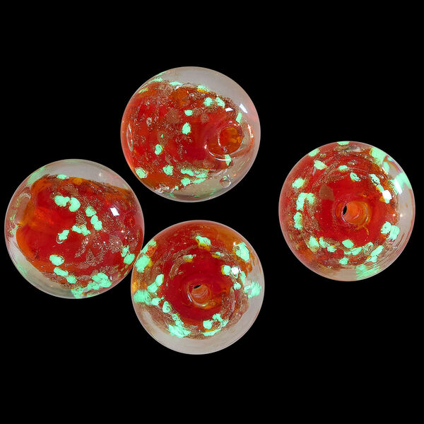 Bead, lampworked glass, clear / red / glow-in-the-dark / gold, 14mm round. Sold per pkg of 4. image number 1