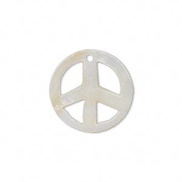 Drop, mother-of-pearl shell (natural), 20mm hand-cut double-sided top-drilled curved round peace sign, Mohs hardness 3-1/2. Sold per pkg of 6. image number 0