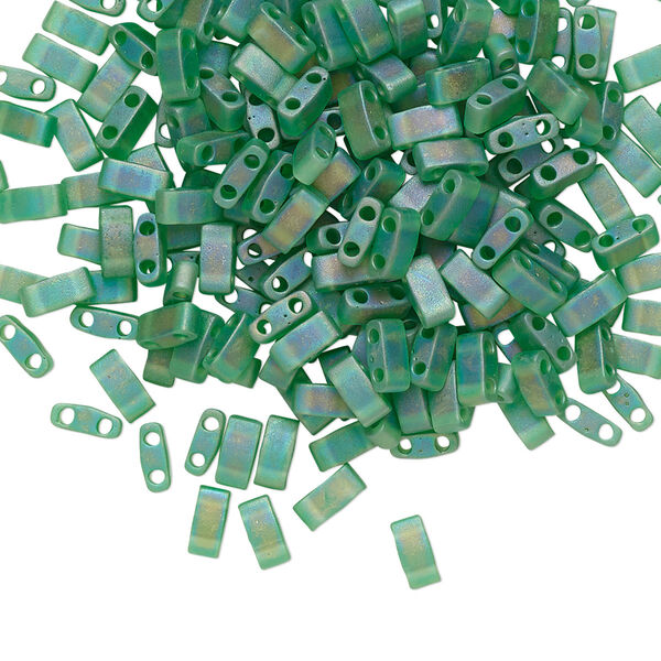 Seed bead, TILA®, glass, pkg/250g, 5x2.3mm half tila rectangle, translucent matte rainbow pistachio, (HTL-146FR). image number 0