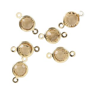 Link, glass rhinestone and gold-finished brass, topaz yellow, 8-9mm faceted round. Sold per pkg of 6.