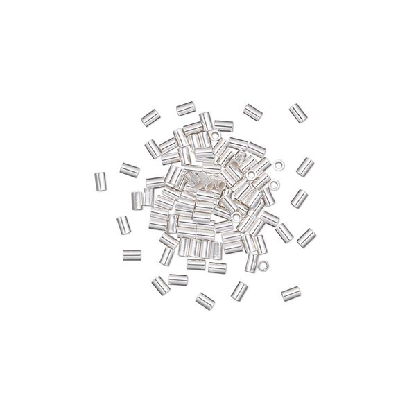 Crimp, sterling silver, 2x1.1mm micro cut tube, 0.76mm inside diameter. Sold per pkg of 100. image number 0
