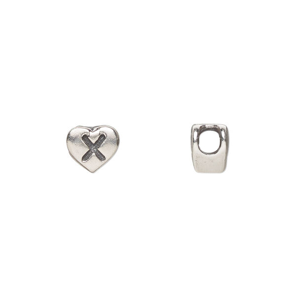 Bead, sterling silver, 7.5x7mm heart with alphabet letter "X." Sold individually. image number 0