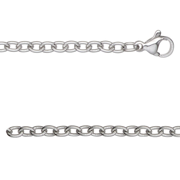 Chain, stainless steel, 3mm cable, 20 inches with lobster claw clasp. Sold individually. image number 0