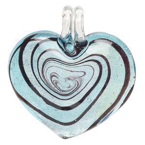 Focal, lampworked glass, opaque, 52x49mm-53x50mm heart with silver-colored foil and swirl design. Sold individually.