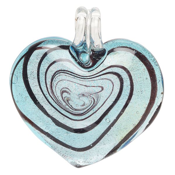 Focal, lampworked glass, opaque, 52x49mm-53x50mm heart with silver-colored foil and swirl design. Sold individually. image number 0