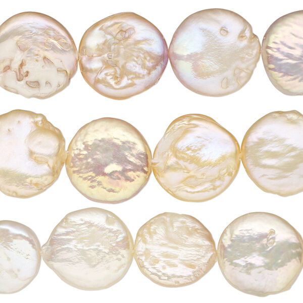 Pearl, cultured freshwater (natural), peach, 10-14mm flat round, C grade, Mohs hardness 2-1/4 to 4 . Sold per 8-inch strand, approximately 15-20 beads. image number 0