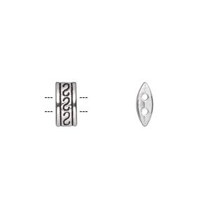 Spacer bar, antique silver-plated "pewter" (zinc-based alloy), 10x4.5mm 2-strand double-sided fancy rectangle with triple "S" design, fits up to 3mm bead. Sold per pkg of 50.