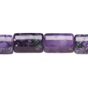 Bead, resin and painted ceramic, purple / green / white, 15x10mm puffed rectangle. Sold per 15-1/2" to 16" strand.