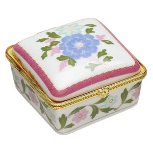 Trinket box 1pkg1, porcelain / gold-finished "pewter" (zinc alloy) / acrylic, white and multicolored, 2-1/3 x 1-1/3 inch hinged square with flower and flower design decals.