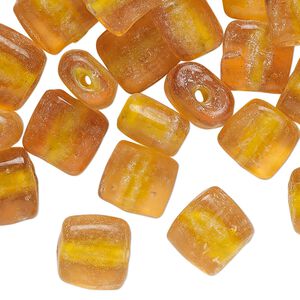Bead, lampworked glass, translucent golden yellow, 10-11mm puffed square. Sold per pkg of 50 beads.