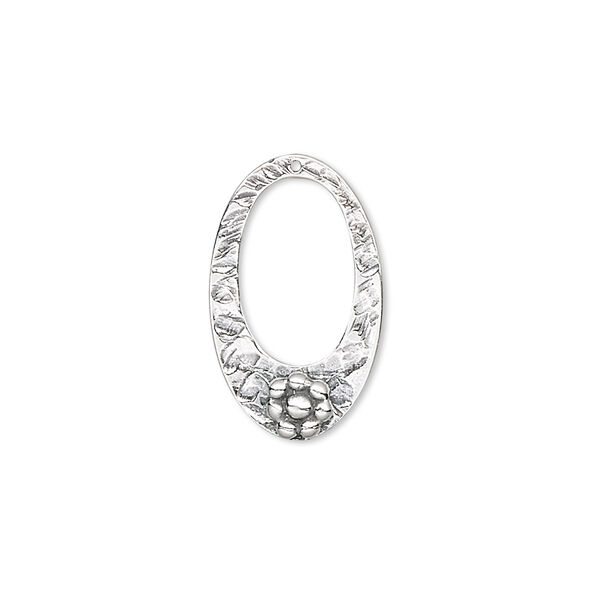 Drop, antiqued sterling silver, 20x12mm oval with flower. Sold individually. image number 0