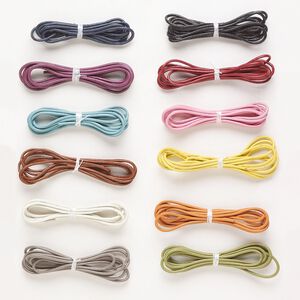 Cord, leather (dyed), assorted colors, 2mm round. Sold per pkg of (12) 4-foot sections.