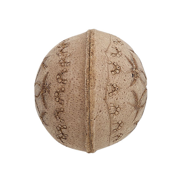 Bead, leather, brown, 23-27mm round with etched flower design. Sold individually. image number 0