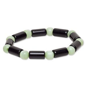 Bracelet, stretch, glass and cat's eye glass, opaque sea green and black, 7-8mm round and 14x7mm-15x8mm round tube, 7 inches. Sold individually.