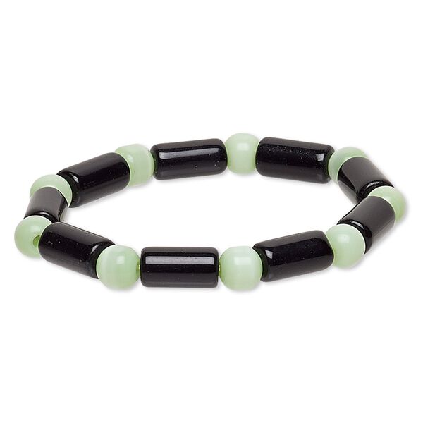 Bracelet, stretch, glass and cat's eye glass, opaque sea green and black, 7-8mm round and 14x7mm-15x8mm round tube, 7 inches. Sold individually. image number 0